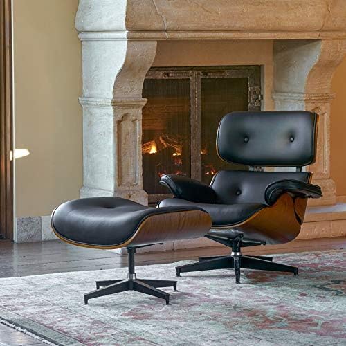 Lounge Chair with Ottoman, Genuine Leather Black Palisander Wood Armchair Recliner Chair with Footrest Stool for Office Living Room(Black Walnut)