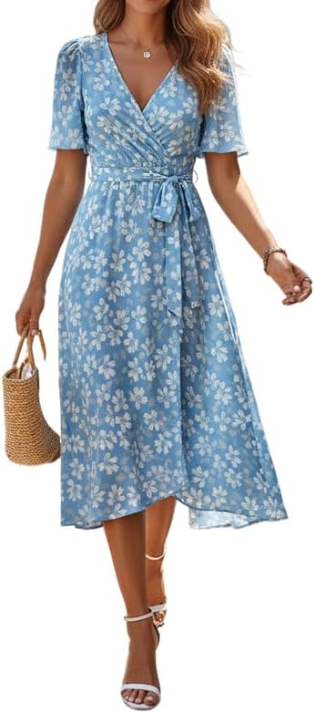 Lands' End Women's Cotton Modal Vneck Wrap Midi Dress X-Small Frosted Green Flower Patch at Amazon Women's Clothing store Lands' End Women's Cotton Modal Vneck Wrap Midi Dress X-Small Frosted Green Flower Patch at Amazon Women's Clothing store