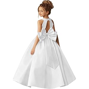 ZMSSXO Satin Flower Girl Dresses for Wedding Long A Line Ball Gowns with Bow Sleeveless Jacquard First Communion Dress