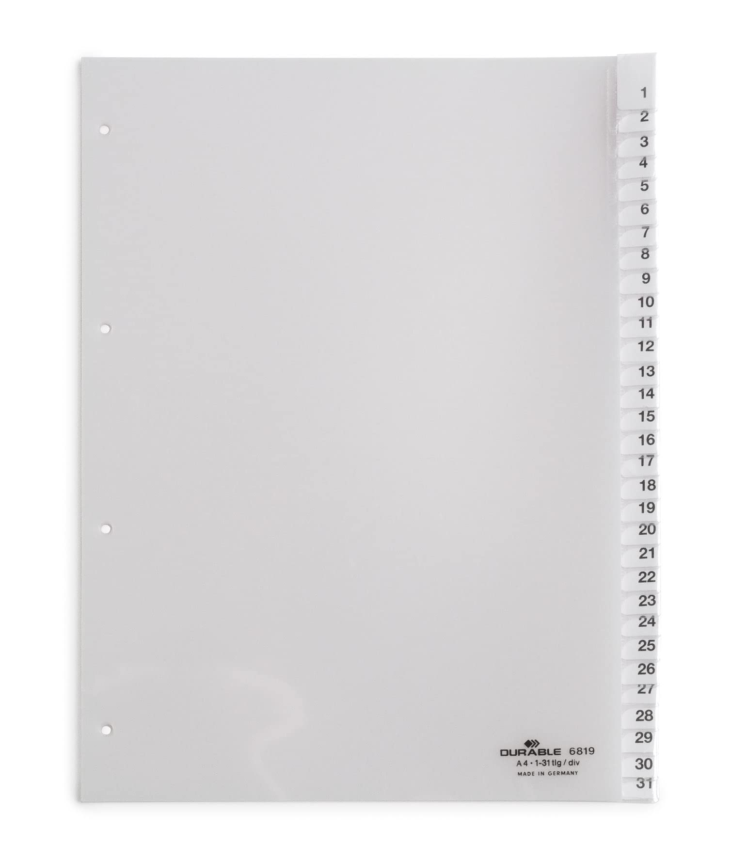 Durable 1-31 Index Set 31 Part File - Includes Transparent Cover Sheet & 31 Dividers - Suitable For A4 Documents - Dimensions 297 x 210/225mm