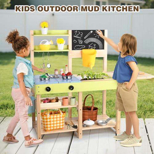 Dreamon Kitchen Toy for Children, Cocinita de Madera Wooden Set for Children and Girls Ages 3 and up, Mud Kitchens for Kids Outdoor, with Sink, Blackboard