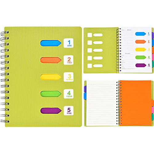 Maxdot Lined Spiral Notebook Planner Journal with 5 Divider Tabs for Note Taking, A5 Size, 240 Lined Pages (Green Cover)