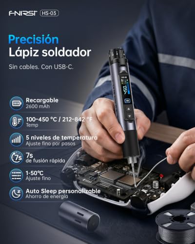 FNIRSI HS-03 Batería Soldador Kit Soldador Inalámbrico con Batería de 2600 mAh, 100-450 °C, calentamiento rápido 3s, 5 niveles de temperatura, pantalla IPS de 0,96 pulgadas, soldador portátil para