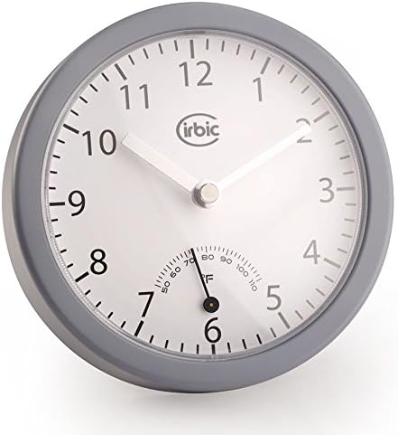 Shower Clock With Suction Cups, Analog Thermometer, Water resistant, great for Bathroom, Kitchen (Grey)