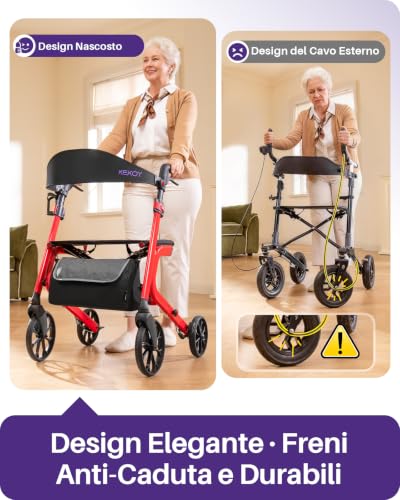 Kekoy Elderly Walker with 4 Wheels with Seat, Foldable, 399 lbs Load, Seat 44 cm Wide, Wheels 25 cm for All Terms, Height Adjustable, Brakes with Hidden Cables, Storage Bag, Red