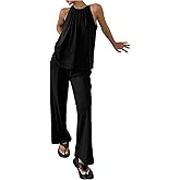 OYOANGLE Women's 2 Pieces Lounge Set Pleated Collar Sleeveless Top and Wide Leg Pants Pajama Sets with Pockets
