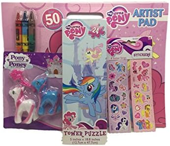 Gift Set My Little Pony Artist Pad with Crayons, Princess Pony (Blue &amp; White), 24pc Tower Puzzle, Stickers 4 pc Bundle
