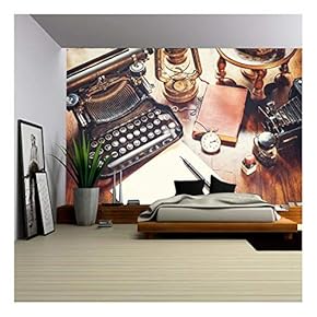 Vintage Items, Camera, Pen, Globe, Clock, Typewriter on The Old Desk - Removable Wall Mural | Self-Adhesive Large Wallpaper - 66x96 inches