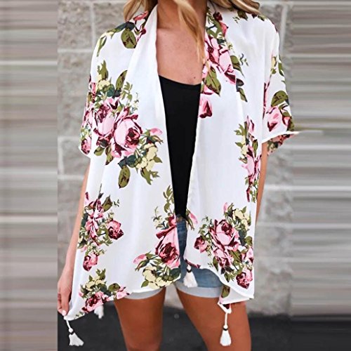 Tootu Women Chiffon Loose Shawl Print Kimono Cardigan Top Cover Up Blouse Beachwear (S, H) - Thumbnail 3