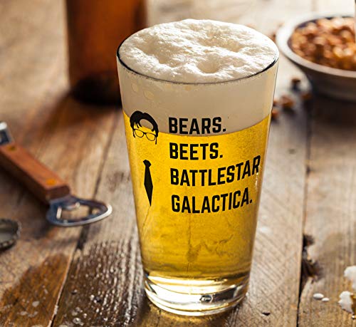 Bears Beets Battlestar Galactica Funny 16oz Beer Pint Glass for Men or Women - Inspired By TV Show The Office Quote - Unique Birthday Gift For Dwight Schrute Fans - Dunder Mifflin Christmas Present