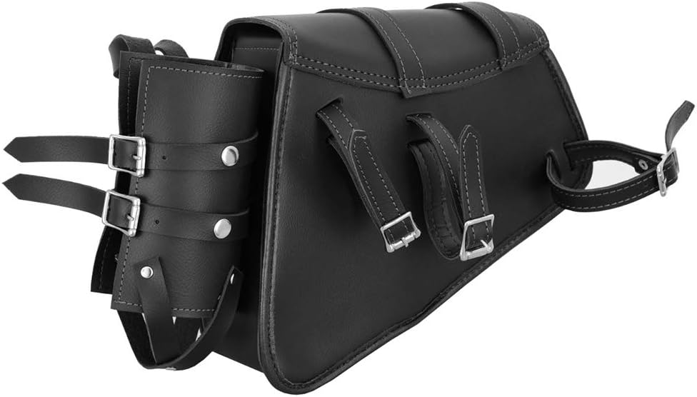 246-Black Motorcycle Saddle bag Leather Motorbike Solo Left side Single with Bottle holder Equipment Storage Organizer Seat pack Saddle bag Waterproof Storage tool Box - Image 5