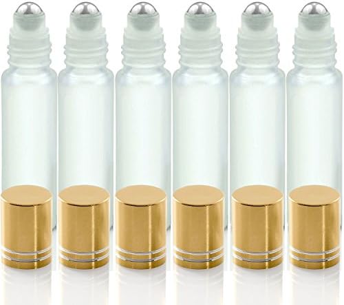 Empty Glass Aromatherapy Roller Bottles By Kaith - With Metal Ball, Frosted White Glass Glod Lids, 1/3oz(10ml), Set of 6 (Glod)