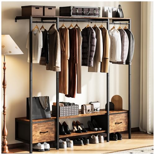 Simple Wisdom Perchero para Ropa, Closet Armables para Ropa, Closet de Madera, Montado en la Pared, Organizador de Ropa con Dos Cajones de Tela, Tamaño: 156 * 32 * 160 CM, Color Retro