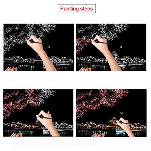 Eraimp Scratch & Sketch Art Paper A4 for Kids & Adults, Scratch Art Rainbow Painting Paper, Night View Scratchboard, Sketch Pads, Engraving Art Set: 4 Scratch Cards, Scratch Drawing Pen, Clean Brush - Thumbnail 7