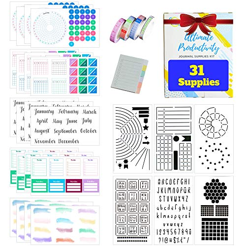 Ultimate Productivity Journal Supplies Kit - 31 Piece Set, Custom-Designed Supplies for Bullet Journals, Includes Stickers, Stencils, Washi Tapes and Sticky Notes by Sunny Streak