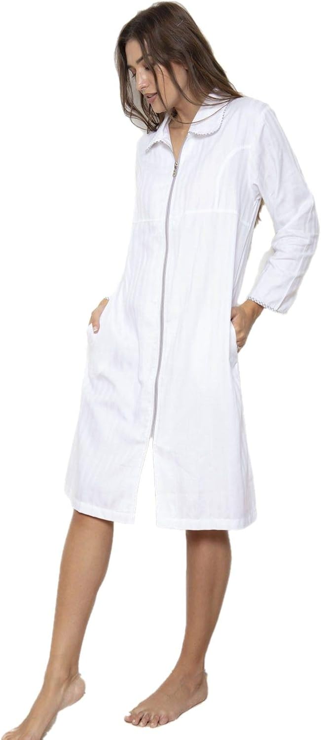 Ladies White Cotton Housecoat Nightdress Robe Dressing Gown Zip Through