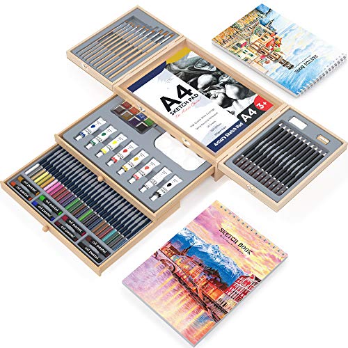 Professional Art Set 85 Piece with 3 x 50 Page Drawing Pad, Deluxe Art Set in Portable Wooden Case-Painting & Drawing Set Professional Art Kit for Kids, Teens and Adults/Perfect Gift