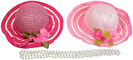 Girl's Tea Party Dress Up Set with 2 Fuchsia and Pink Sun Hats and 2 Faux Pearl Necklaces Hailey