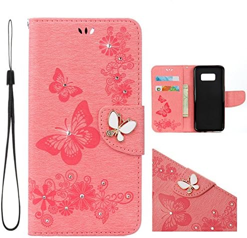 Galaxy S8 Plus Case,Samsung S8+ Wallet Case Flip PU Leather [Kickstand] Embossed Fashion Butterfly Card Holders Folio Magnetic Protective Cover With Wrist Strap For Galaxy S8 Plus (Pink-Bling)