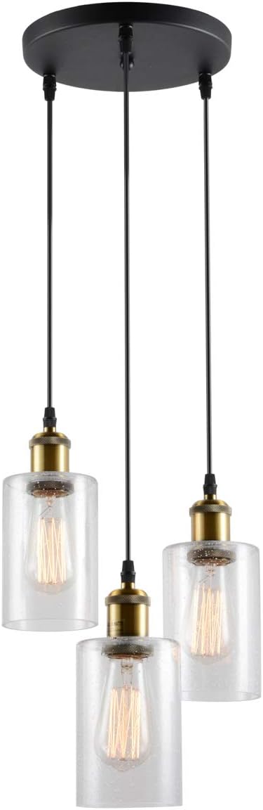VILUXY Vintage 3 Light Glass Pendant Light Classic Cluster Chandelier Hanging Lighting Fixture with Seeded Glass Shades for Kitchen Island, Dinning Room, Bar, Cafe，Farmhouse - - 