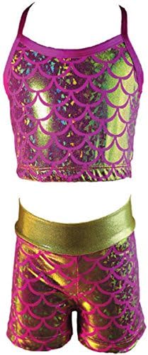 Reflectionz Girls Mermaid Scale Print Spaghetti Strap Top and Shorts Set #SET4980 For Dance, Gymnastics, and Ballet (10, Hot Pink)