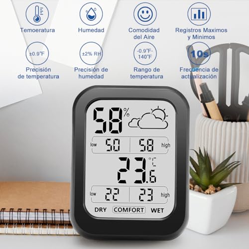 Termómetro Higrómetro Digital, Monitor de Temperatura y Humedad para Interior Exterior con Pantalla LCD Grande, ℃/℉Conmutable, Termómetro de Habitación para Humidificador y Climatización Hogar Oficina