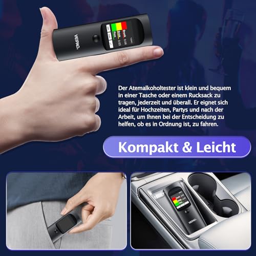 VEIPAO Portable Breathalyzer Certified Alcohol Test: Professional Italian Alcohol Test with 11 Mouthpieces – Breathalyzer with Digital LCD Screen High Accuracy for Personal Use Home Test, Black