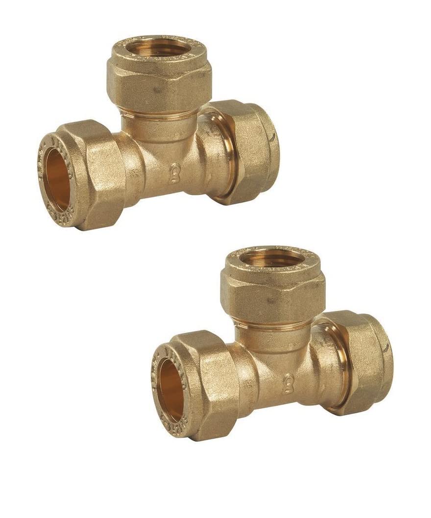 UKDD® 15mm Brass Compression Tee Connector WRAS Approved - Suitable for Copper Pipe, Poly Barrier Pipes - Pack of 2