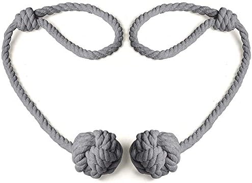 Aukuzi 2 Pack Curtain Tiebacks, Cotton Tiebacks for Blackout Curtain, Rustic Cotton Rope Tiebacks with Single Ball (Gray)