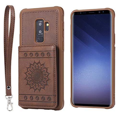 Shinyzone Slim Fit Back Wallet Case for Samsung Galaxy S9 Plus with Card Holder,Embossed Sunflower Pattern PU Leather Flip Cover with Magnetic Stand Function with Detachable Lanyard,Coffee - Thumbnail 6