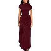 YMDUCH Women's Casual Short Sleeve Boat Neck Ruched High Split Bodycon Long Party Dress