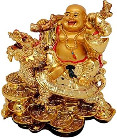 Jagriti Enterprises Polyresin Feng Shui Laughing Buddha With Dragon Tortoise On Bed Of Wealth Decorative Showpiece 10 Cm Multicolour