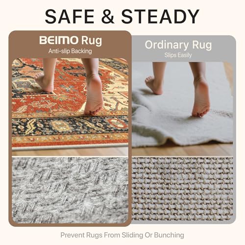 BEIMO Reversible Short Pile Living Room Rug, Vintage Non-Slip and Washable Rugs, Large Carpet for Living Room, Bedroom, Dining Room, Terracotta Red and Black, 80 x 150 cm