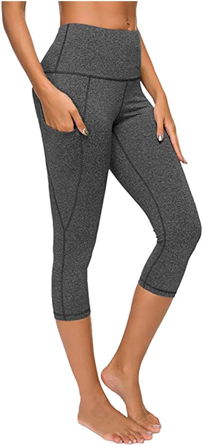Andouy Damen Leggings High Waist Sporthose Yogahosen Yoga Capris DreiviertelHosen mit Taschen