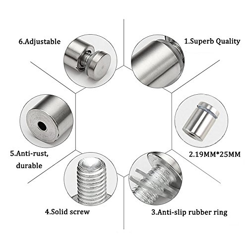 Stainless Steel Standoff MANYEE 20Pcs (19x25mm) Wall Mount Glass Sign Standoff Pin Mounting Hardware Standoff Clamp Adjustable Advertisement Fixing Screw Nails for Holding Glass Acrylic Artwork Photos