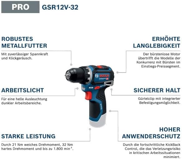 12V System Akku-Bohrschrauber GSR 12V-32 (Advanced KickBack Control, bürstenloser Motor, inkl. 2,0-Ah-Akku, GAL12V-20, Werkzeugtasche) Battery Powered