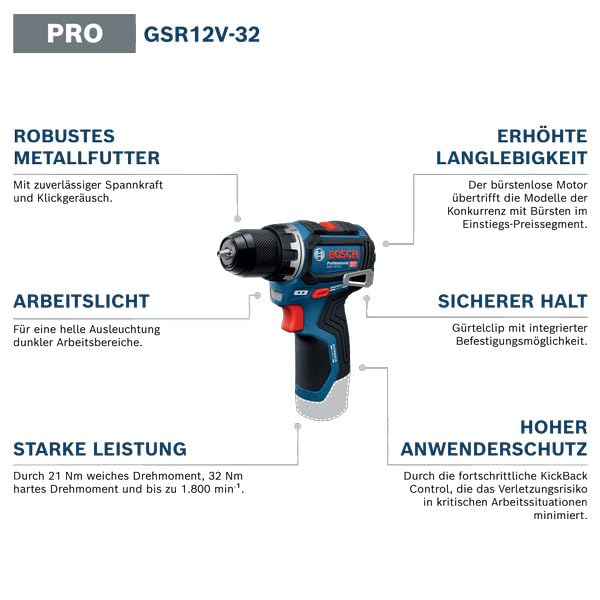 Bosch Professional 12V Akku-Bohrschrauber GSR 12V-32 (Advanced KickBack Control, bürstenloser Motor) 2