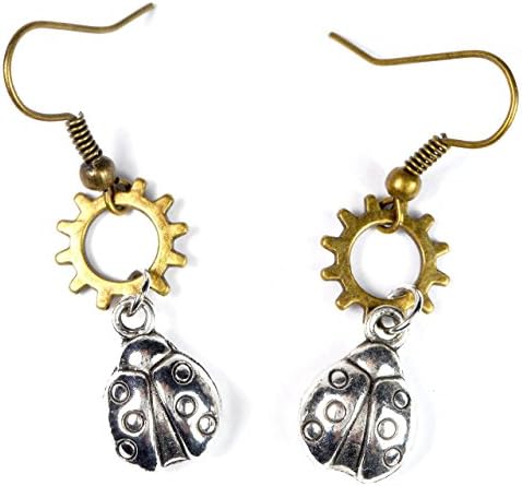Steampunk Ladybug &amp; Gear Lightweight Earrings, Insect Jewelry, Gift for Entomologist Beetle Lover