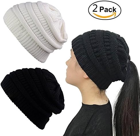Lobeve Women Beanie Trendy Ponytail Messy Bun Beanie Soft Warm Knitting Solid Ribbed Hat,2 Pack