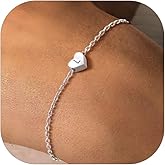 925 Sterling Silver Dainty Heart Bracelets for Women, A-Z Letter Cute Initial Charm, Bracelet: 6.3"-8.3", Adjustable, Come with Box