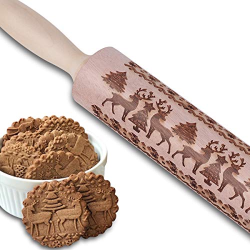 17" Christmas Wooden Rolling Pins, Embossing Thin Crust Rolling Pin with Christmas Tree Deer Pattern for Baking Kitchen Tool (snowflake)