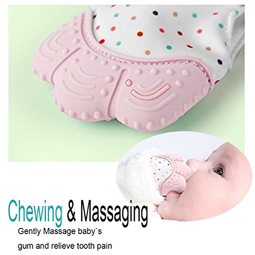 Silicone Baby Teething Mittens for babies 2 Pcs Gloves between 3~ 12 Months Self Soothing Teether Teething Pain Relief Toy 2 pack (pink,blue))