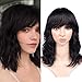 WIGNEE Women's Natural Black 12 Inch Wavy Human Hair Wig with Bangs