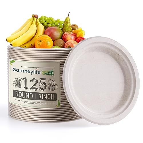 Gamneylife Paper Plates 100% Compostable Paper Plates (125-Pack Disposable Heavy-Duty Quality, Natural Bagasse Eco-Friendly Biodegradable Made of Sugar Cane Fiber (7 Inch)