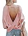 BTFBM Women's Backless Loose Shirt Long Sleeve Open Back Cross Tee Top Blouse (Medium, Pink)