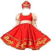 Girls Russian Traditional Dance Dress Puff Sleeve Swing Ethnic Performance Outfit