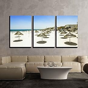 3 Piece Canvas Wall Art - Beach, Chair, Umbrella, Idyllic, Tropical, Sand, Beach - Modern Home Art Stretched and Framed Ready to Hang - 16"x24"x3 Panels