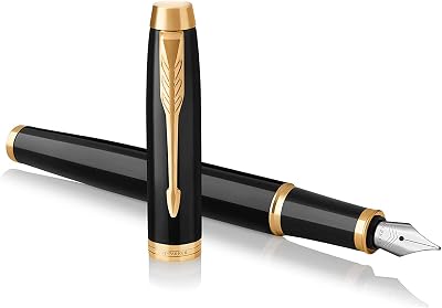 Parker IM Fountain Pen Black Lacquer Gold Trim Medium Nib Blue Ink Refill