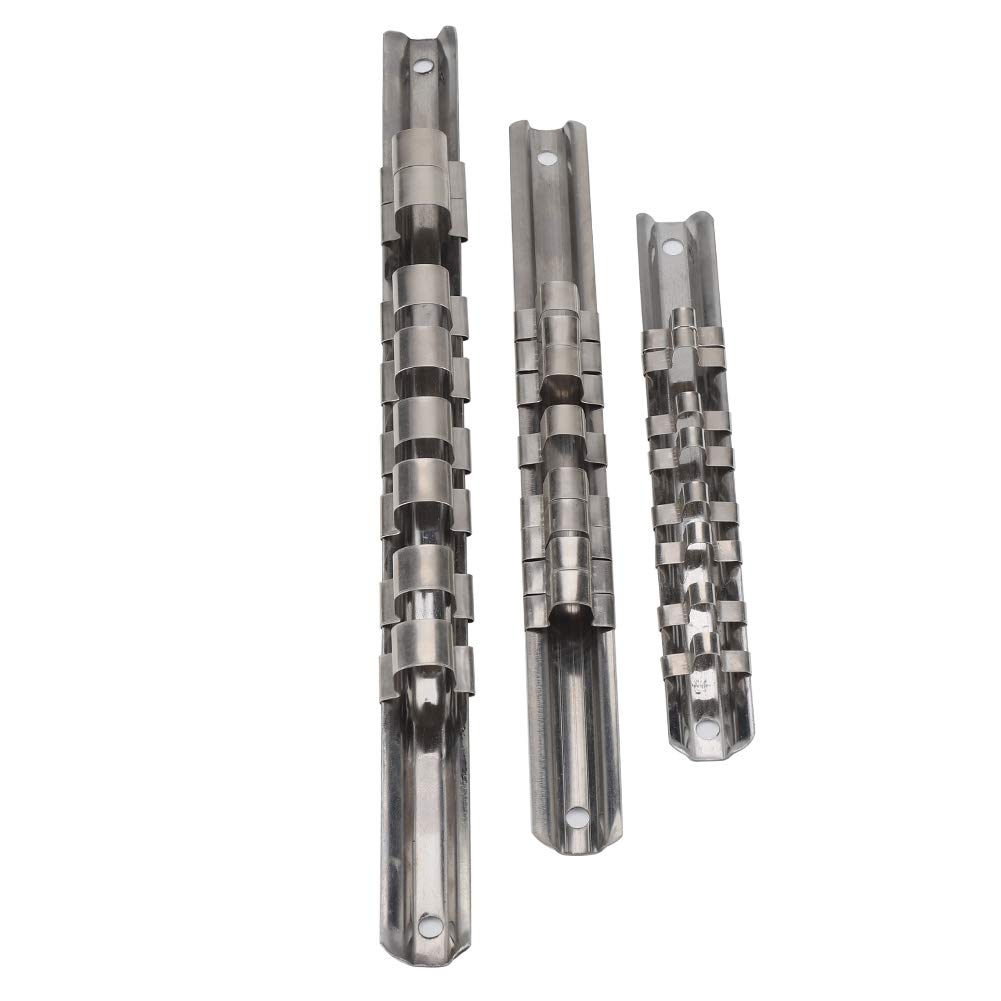 3pcs 1/2'' 1/4'' 3/8'' Stainless Steel Socket Rack Holder Wall Mounted Socket Rack Storage Rail Tray with 8 Clips