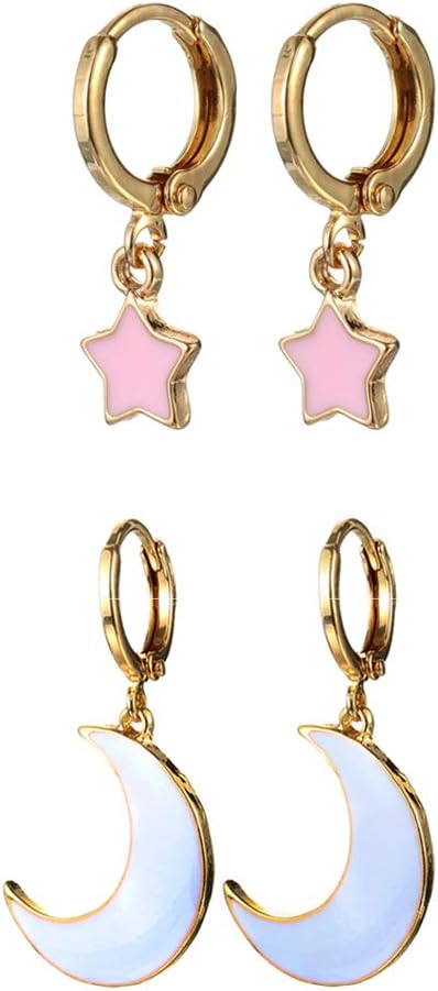 Small Dangle Hoop Earrings, Cute Star Moon Gold/Silver Mini Huggie Hoop Earrings with Charm for Women Ear Piercing Simple Jewelry Gift for Birthday Valentine's Day and Mother's Day